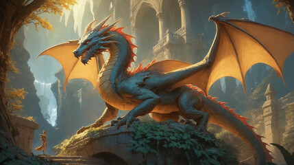 Fantasy dragon illustration. Cartoon style vivid colors. Year 2024 Symbol art - obrazy, fototapety, plakaty