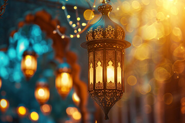 Ornamental Arabic lantern with burning candle in the evening