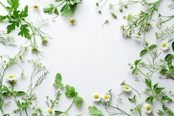 Frame of yellow delicate daisies, wreath with green leaves on white background