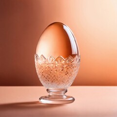 Glass crystal Easter egg isolated on peach fuzz trendy 2024 color background. Easter holiday concept in minimalism style. Fashion monochromatic composition. Web banner with copy space for design.