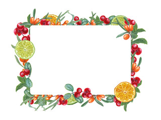 Ripe red, orange berries, citrus and mint leaves. Lime slices, orange, sea buckthorn and cowberries. Watercolor illustration for package, label. Rectangle frame with space for text