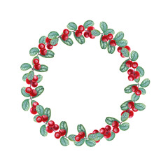 Wreath of ripe, juicy cowberries. Forest red berries with green leaves. Watercolor illustration with space for text. For postcard design, invitation template, birthday cards