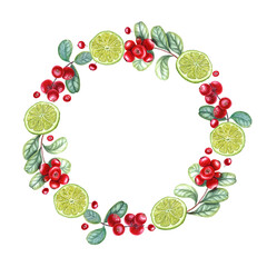 Wreath with lime slices, cowberries. Citrus, red berries, green leaves. Tropical fruit and forest berry. Watercolor illustration for label, greetings. Rectangle frame with pace for text.