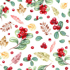 Red cranberries and imprints of colorful leaves. Seamless pattern. Lingonberry, yellow plants. Watercolor illustration for cozy home. Ornate for room decor, print, textile design.