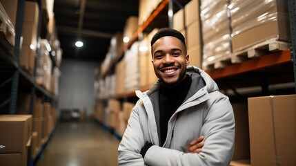 Obraz premium With a determined expression, the warehouse worker stands ready to take on the challenges of the day.