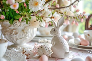 Easter table with easter eggs and spring flowers and and a porcelain white figurine of a rabbit