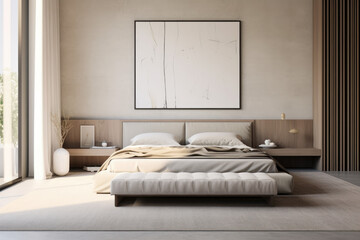 Photo of linen color minimal bedroom interior design with modern bed and decoration