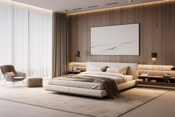 Photo of linen color minimal bedroom interior design with modern bed and decoration