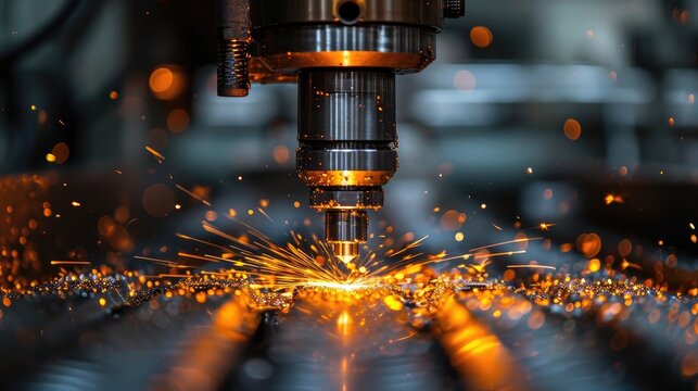 Close-Up View of a Metal Drill Bit on a CNC Machine Cutting Through Material with Metal Shavings Visible