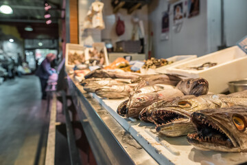 Fish and seafood section of the Triana market in Seville, Spain.