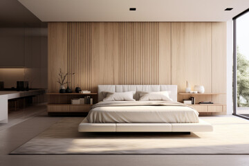 Photo of minimal bedroom interior design with bed and modern decoration brown burnt colors