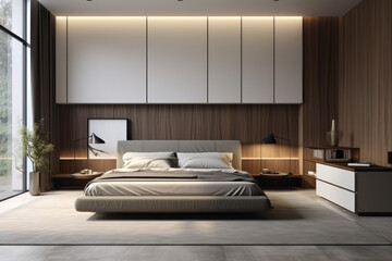 Photo of minimal bedroom interior design with bed and modern decoration brown burnt colors