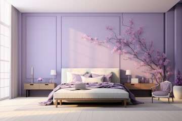 Photo of minimal bedroom interior design with bed and modern decoration chinese violet colors