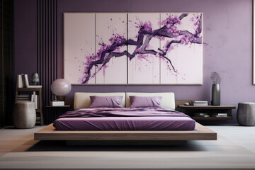 Photo of minimal bedroom interior design with bed and modern decoration chinese violet colors