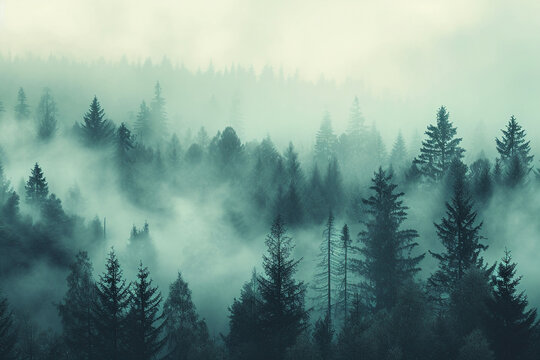 Foggy landscape with fir forest in retro vintage hipster style, nature concept © Robby