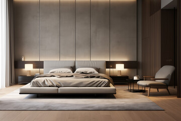 Photo of modern minimal bedroom interior with bed and decoration in brown tones
