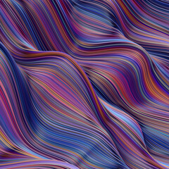 Abstract, fluid, wavy and colorful 3D background lines texture. Modern and contemporary feel. Metallic, iridescent and reflective with shades of blue, cyan, magenta, orange, purple