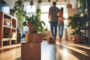 Young couple moving in a new house. Living room apartment interior with cardboard boxes and potted plants. Rental market concept - obrazy, fototapety, plakaty