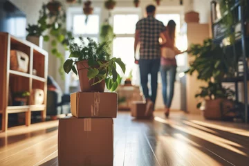 Foto op Plexiglas Young couple moving in a new house. Living room apartment interior with cardboard boxes and potted plants. Rental market concept © Lazy_Bear