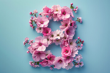 Number 8 shape from pink flowers on blue background. Concept of Woman's day 8 march.