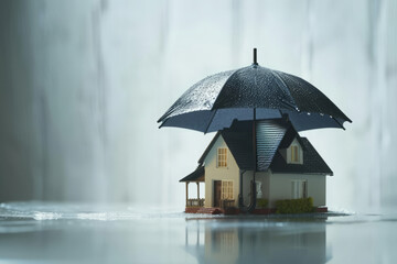 House model standing under umbrella in mud during heavy rain. House insurance and real estate protection concept