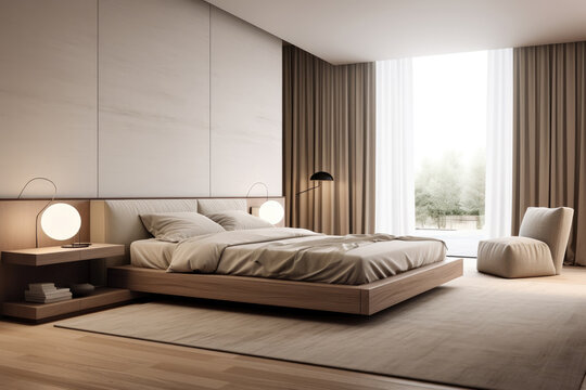 Photo of modern minimal beige bedroom interior with bed and decoration