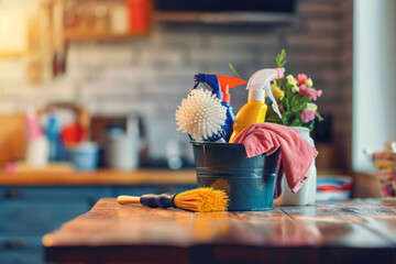 Bucket with cleaning items on wooden table against blurred kitchen background. Spring cleaning concept