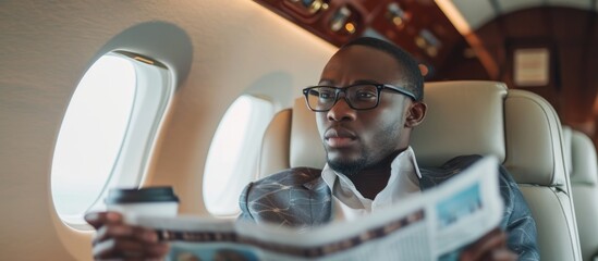 African American businessman in glasses focuses on newspaper and cup in private plane.