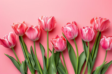 Bouquet of pink tulips on a pink background. Valentine's Day, Birthday