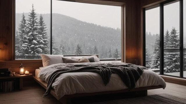 Cozy apartment bedroom with big window. cozy rainy day at home. Snow outside. Cozy winter hotel. Beautiful winter landscape.	
