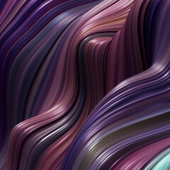 Abstract, fluid, wavy and colorful 3D background lines texture. Modern and contemporary feel. Metallic, iridescent and reflective with shades of purple, pink, black, blue
