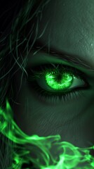 Woman's green eye in the dark. Fire. Piercing eyes. Burning demonic eyes. Fiery Mysterious. Magic, secrecy, mysticism, visual effect. Hypnosis, power of sight. Look. Close up. Copy space. Game art