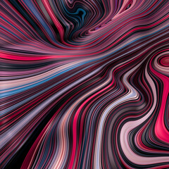 Abstract, fluid, wavy and colorful 3D background lines texture. Modern and contemporary feel. Metallic, iridescent and reflective with shades of magenta, red, cyan, black