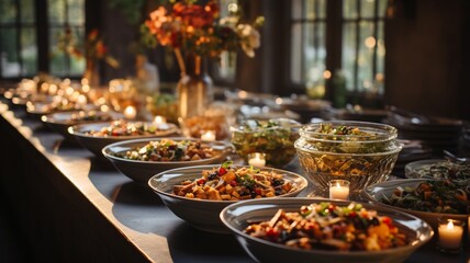 Fototapeta premium A wedding buffet with delicate dishes lined up on a table, generative ai