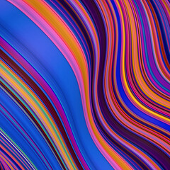 Abstract, fluid, wavy and colorful 3D background lines texture. Modern and contemporary feel. Metallic, iridescent and reflective with shades of blue, purple, magenta, orange, yellow