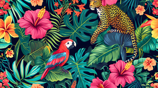An exotic and vibrant illustration of a jungle scene with a leopard and parrot amidst tropical flora.