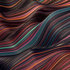 Abstract, fluid, wavy and colorful 3D background lines texture. Modern and contemporary feel. Metallic, iridescent and reflective with shades of orange, cyan, green, black