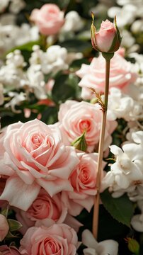 A beautifully composed image of pink roses in various stages of bloom, with a focal point on a rosebud perched on a stick