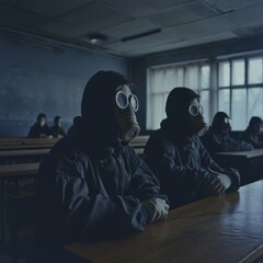 students with sovietic gas mask sitting at classroom desks
