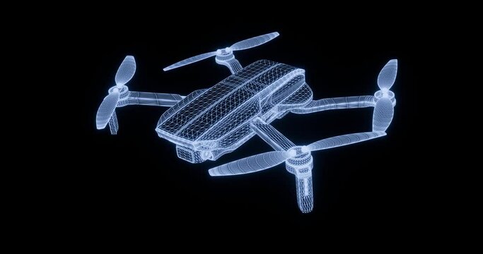 Motion rotation animation Drawing of a quadcopter drone in the form blue of a wireframe of polygons on a black isolated background, 3D render.