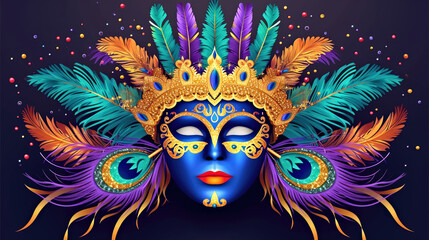 A colorful mask with feathers on a black background, Mardi Gras mask with colorful feathers.