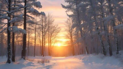 Beautiful winter sunset in the snowy forest. Beautiful winter landscape. - obrazy, fototapety, plakaty