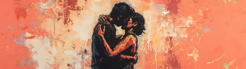 Painting Depicting a Heartwarming Hug Between a Couple - obrazy, fototapety, plakaty