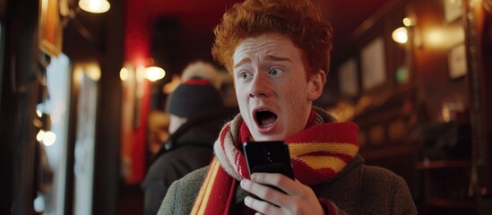 A young redheaded man, wearing a hooligan scarf, expresses disbelief and surprise while looking at his phone.
