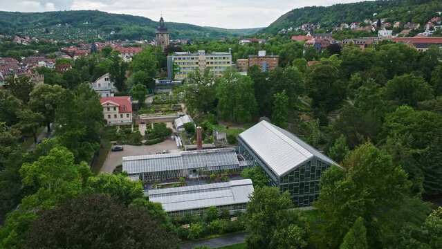 Aerial drone view of Botanical Garden ( Botanischer Garten ) in Jena , Thuringia, Germany . The Botanischer Garten Jena is the second oldest botanical garden in Germany, maintained by the University o