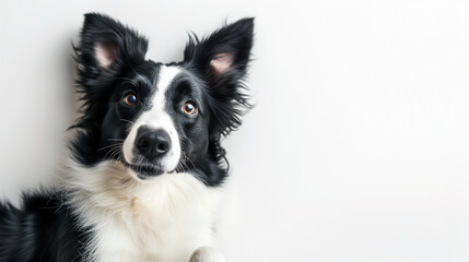 Playful border collie dog laying on white floor with ears up, Australian shepherd dog looking at camera, shot from above, room for type, pets, pet care, animal companionship, and veterinary concepts, 