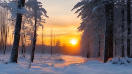Beautiful winter sunset in the snowy forest. Beautiful winter landscape.