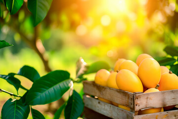 Box Of Fresh Ripe Mango In Sunny Garden, Green Blurred Bokeh Background