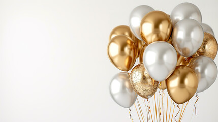 Silver and Golden balloons with ribbons on white background.