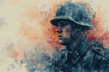 German soldier portrait Illustration. Soldier of Germany watercolor colors Illustration - obrazy, fototapety, plakaty